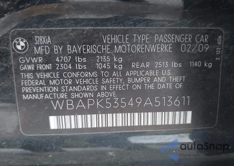 2009 BMW 328I xDrive from USA, damaged, VIN WBAPK53549A513611